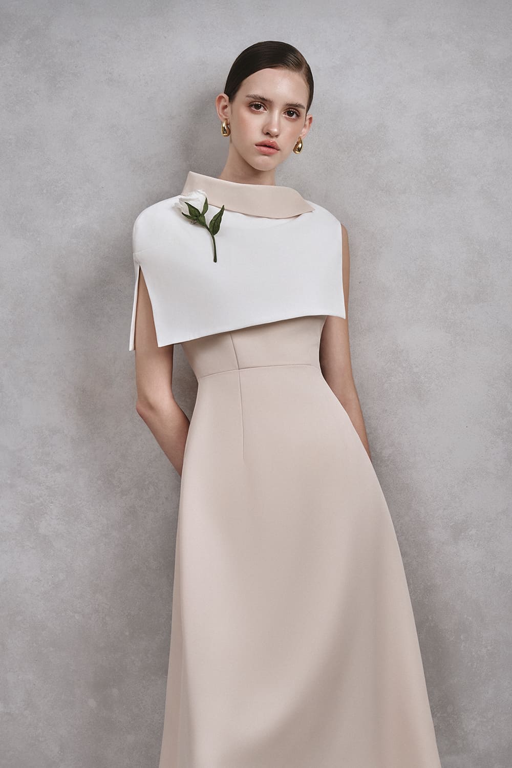 Kimberly A-line Cape Shoulder Cotton Midi Dress