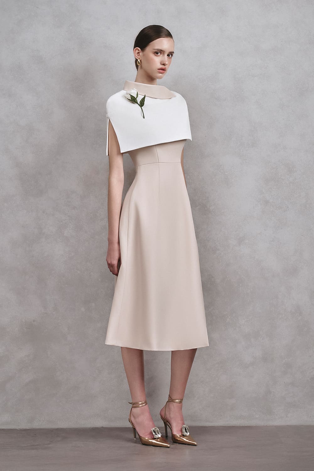 Kimberly A-line Cape Shoulder Cotton Midi Dress