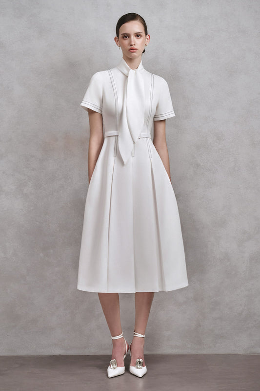 Nabi A-line Tie Neck Cotton Midi Dress