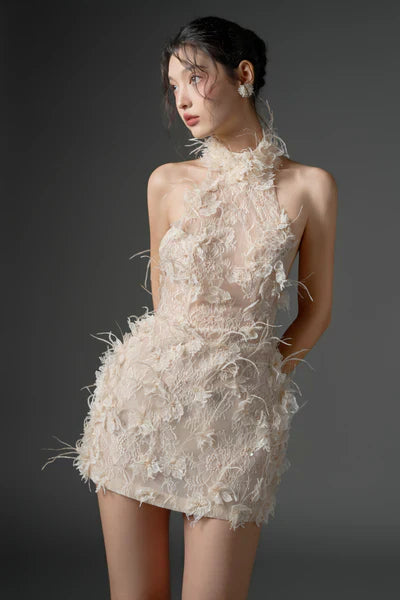 21SIX Asad Lace Flower And Feather Dress (3color)