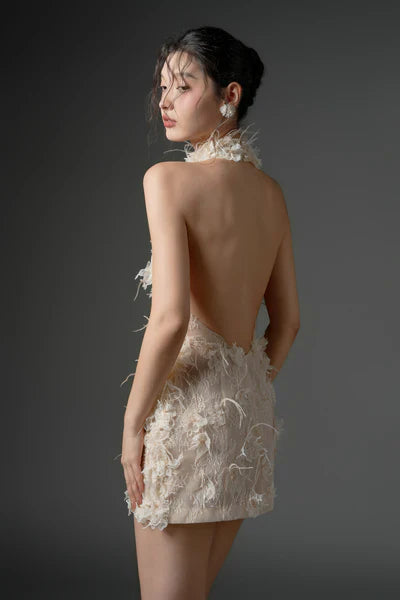 21SIX Asad Lace Flower And Feather Dress (3color)