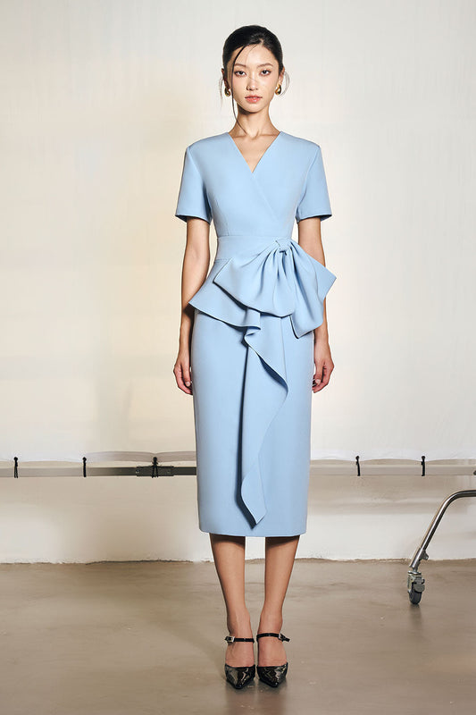 Snow Sheath Draped Silk Midi Dress