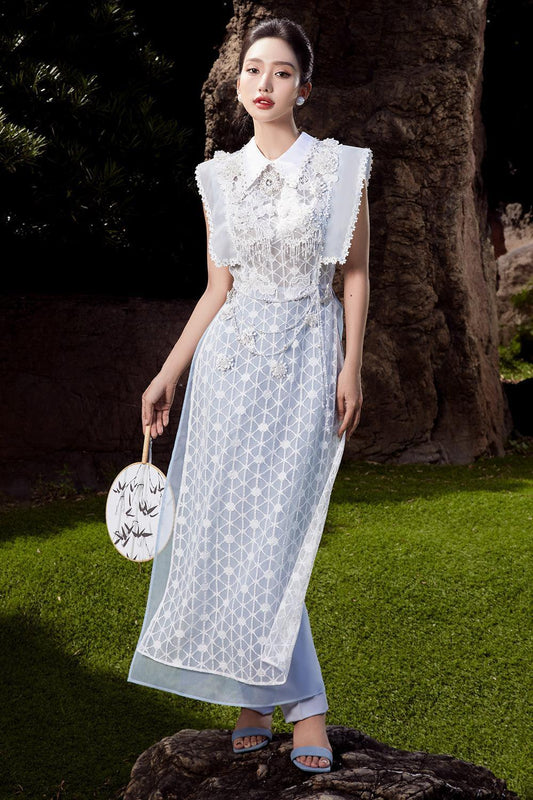 Tam Dan A-line Collared Neck Mesh Lace Floor Length Ao Dai - MEAN BLVD